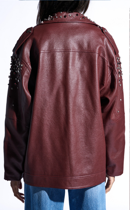 NEW!! Catrine Studded Faux Leather Jacket in Burgundy