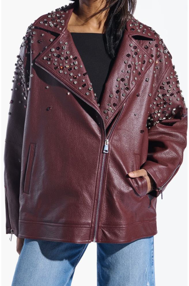 NEW!! Catrine Studded Faux Leather Jacket in Burgundy