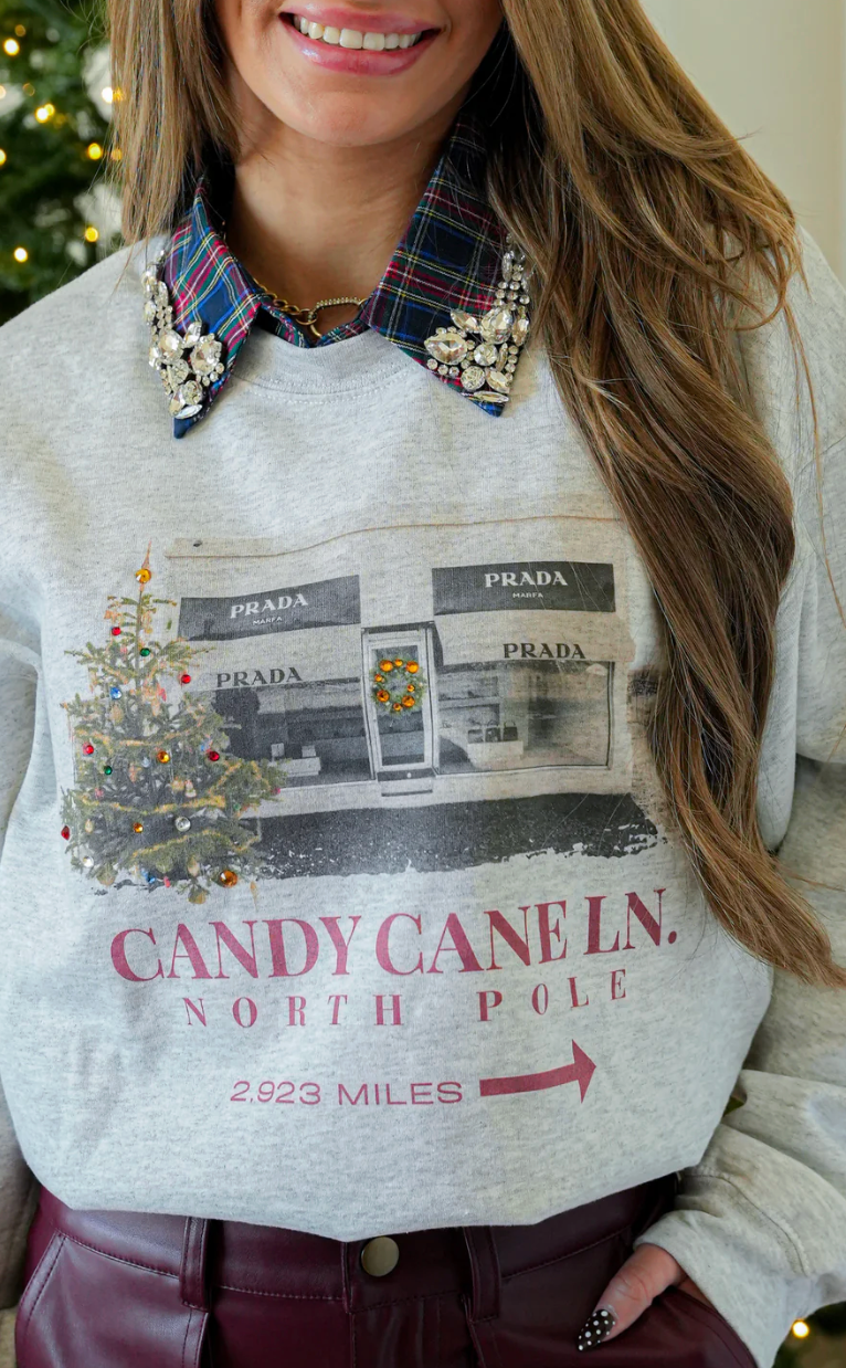 "Candy Cane Marfa" Rhinestone Sweatshirt in Grey