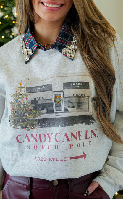 "Candy Cane Marfa" Rhinestone Sweatshirt in Grey
