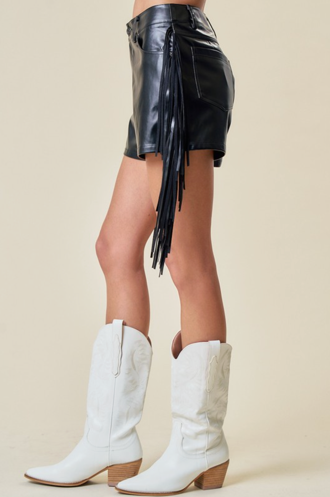The "Midland" Fringe Faux Leather Shorts in Black