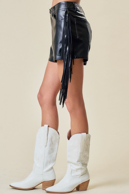 The "Midland" Fringe Faux Leather Shorts in Black
