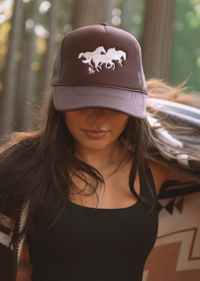 Wild Horses Embroidered Trucker in Brown