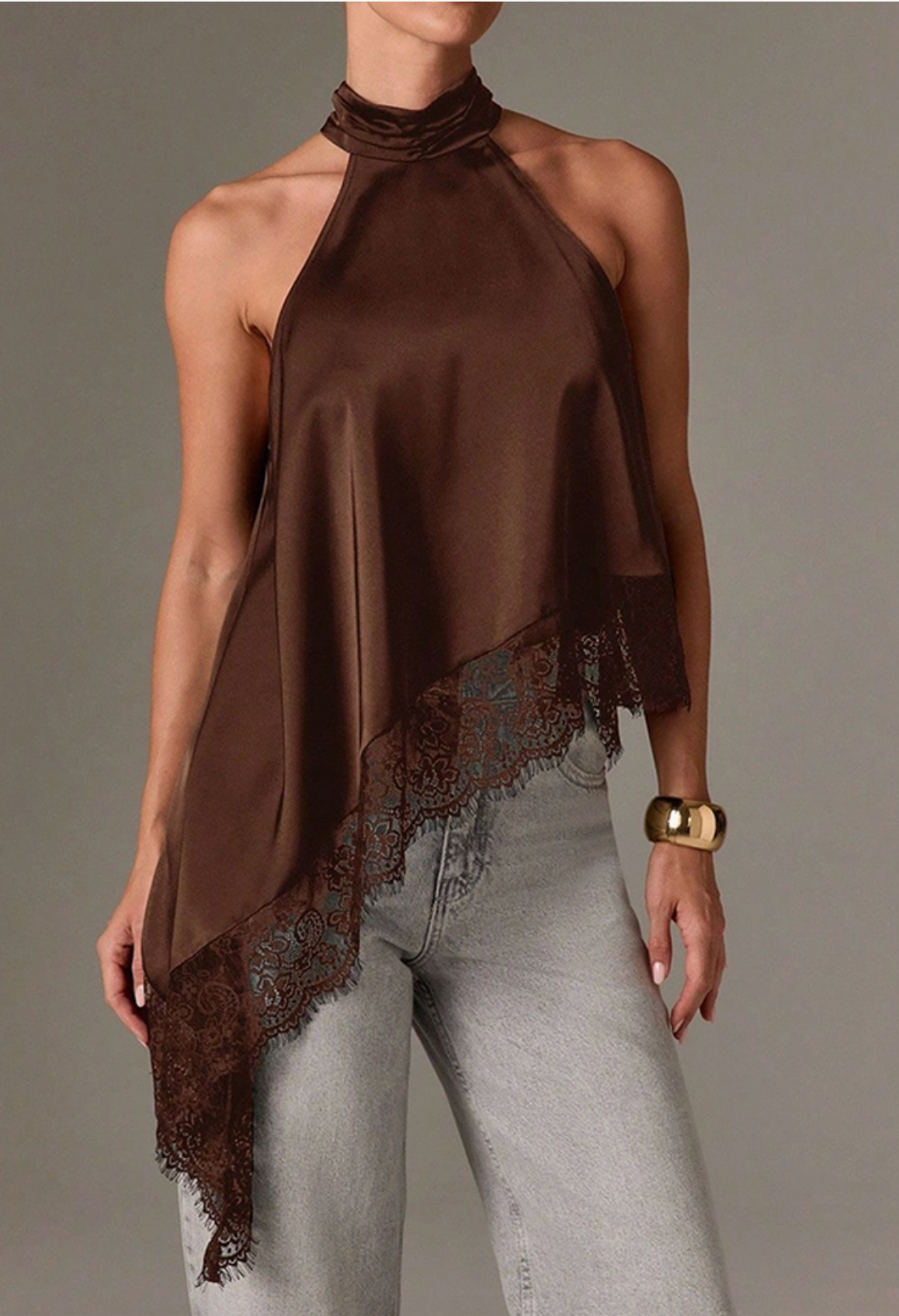 Asymmetric Lace Halter Top in Chocolate