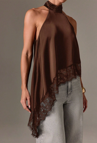 Asymmetric Lace Halter Top in Chocolate