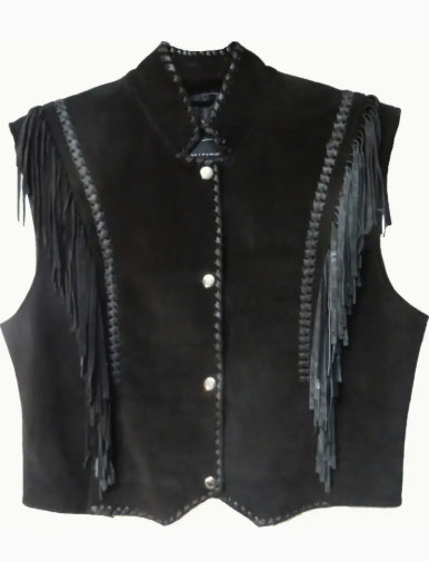 Suede and Leather Fringe Vest in Black