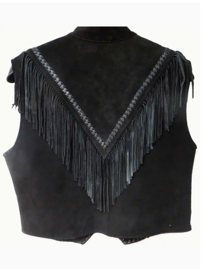 Suede and Leather Fringe Vest in Black
