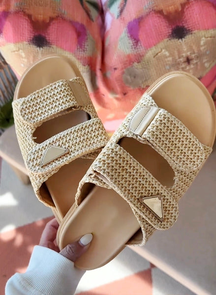 AS SEEN ON WHITNEY RIFE!! The Tuscany Raffia Slide in Natural - PREORDER