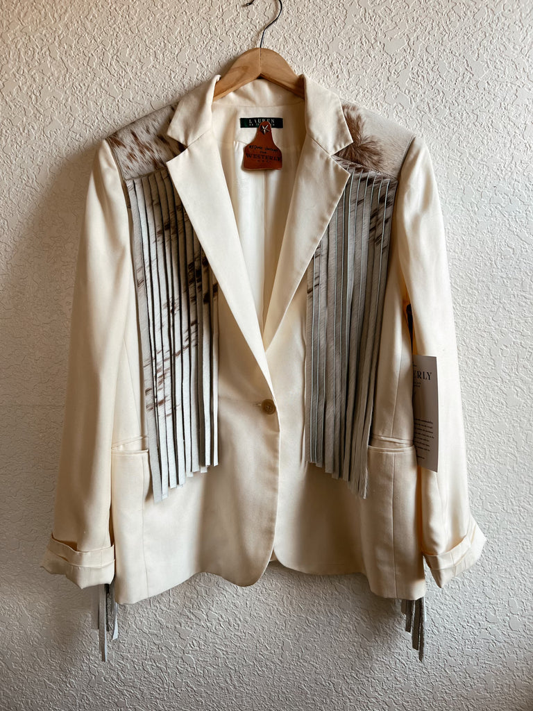 NEW!! Designer Vintage Blazer with Cowhide Fringe in Cream by Westerly - Option #1, Size Medium