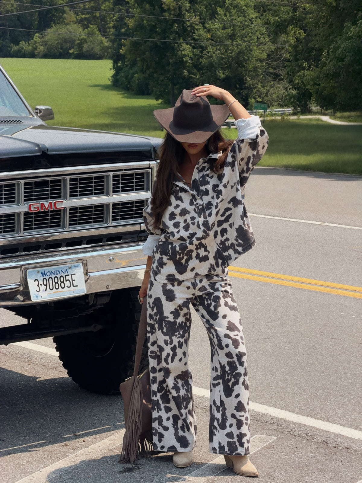 "Out West" Cow Print Wide Leg Pants