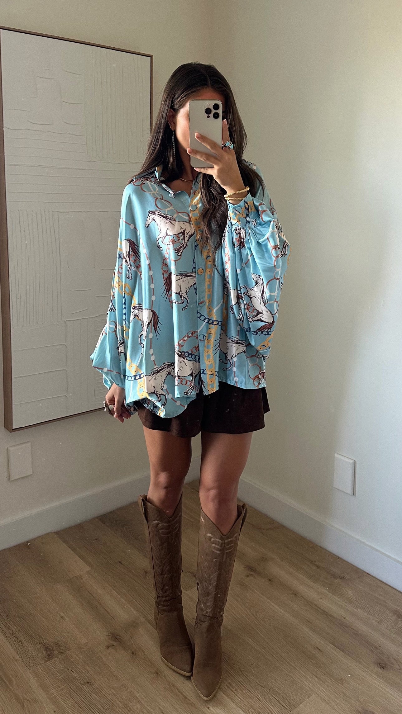 BEST SELLER!! Horseprint Satin Top in Blue