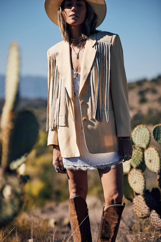 NEW!! Designer Vintage Blazer with Cowhide Fringe in Cream by Westerly - Option #1, Size Medium