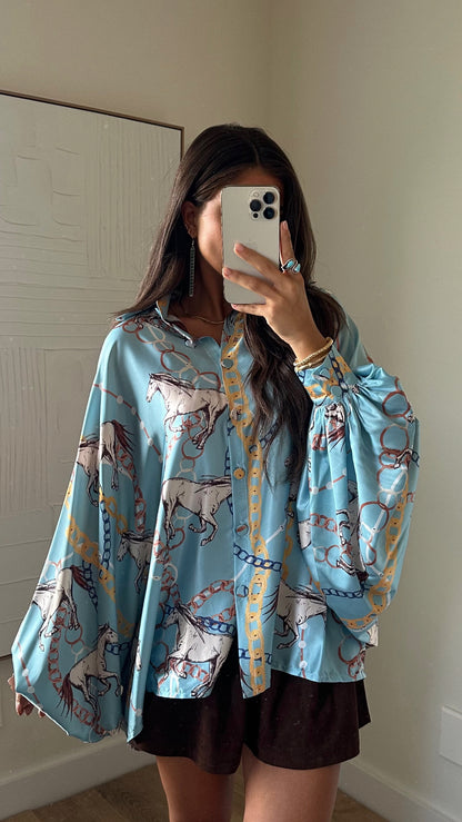 BEST SELLER!! Horseprint Satin Top in Blue