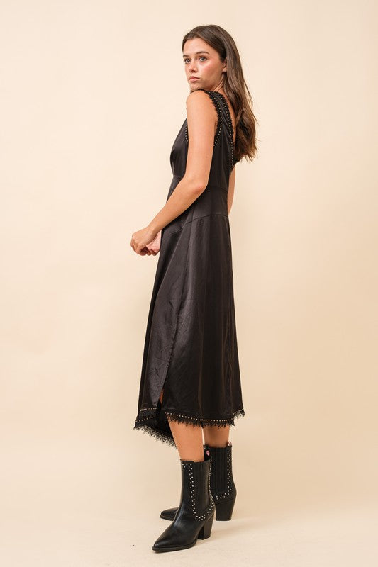 FINAL SALE!! "Callie" Satin Lace Studded Dress in Black