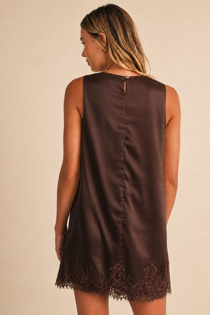 Sleeveless Satin Lace Dress in Dark Brown - PREORDER