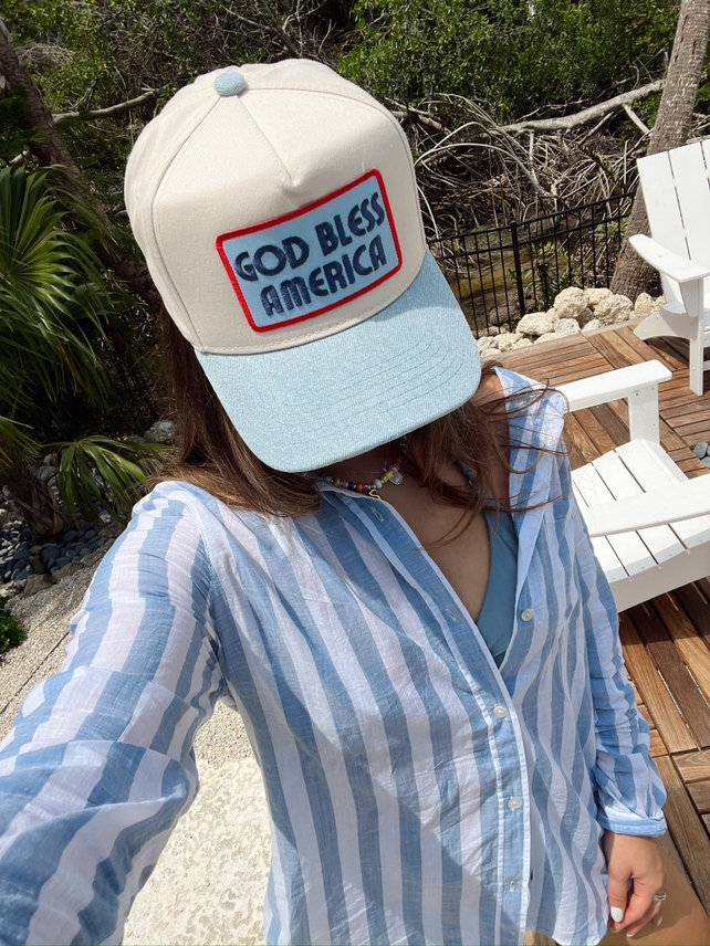 God Bless America Blue Denim Embroidered Trucker Hat
