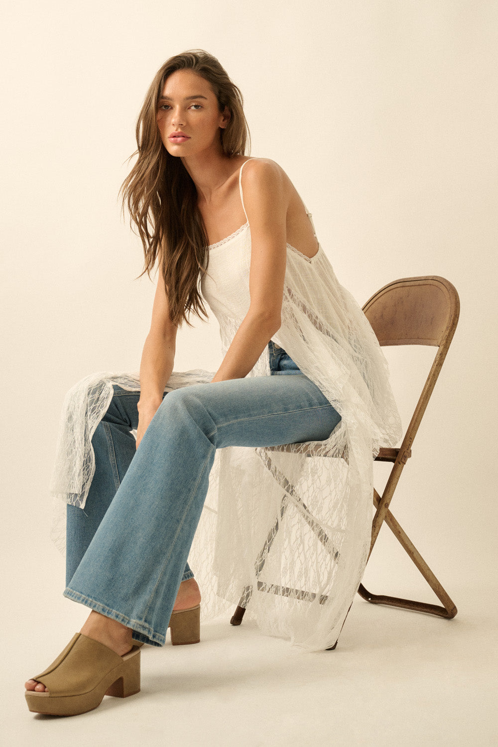 Ruffle Lace High-Low Top in Cream - PREORDER