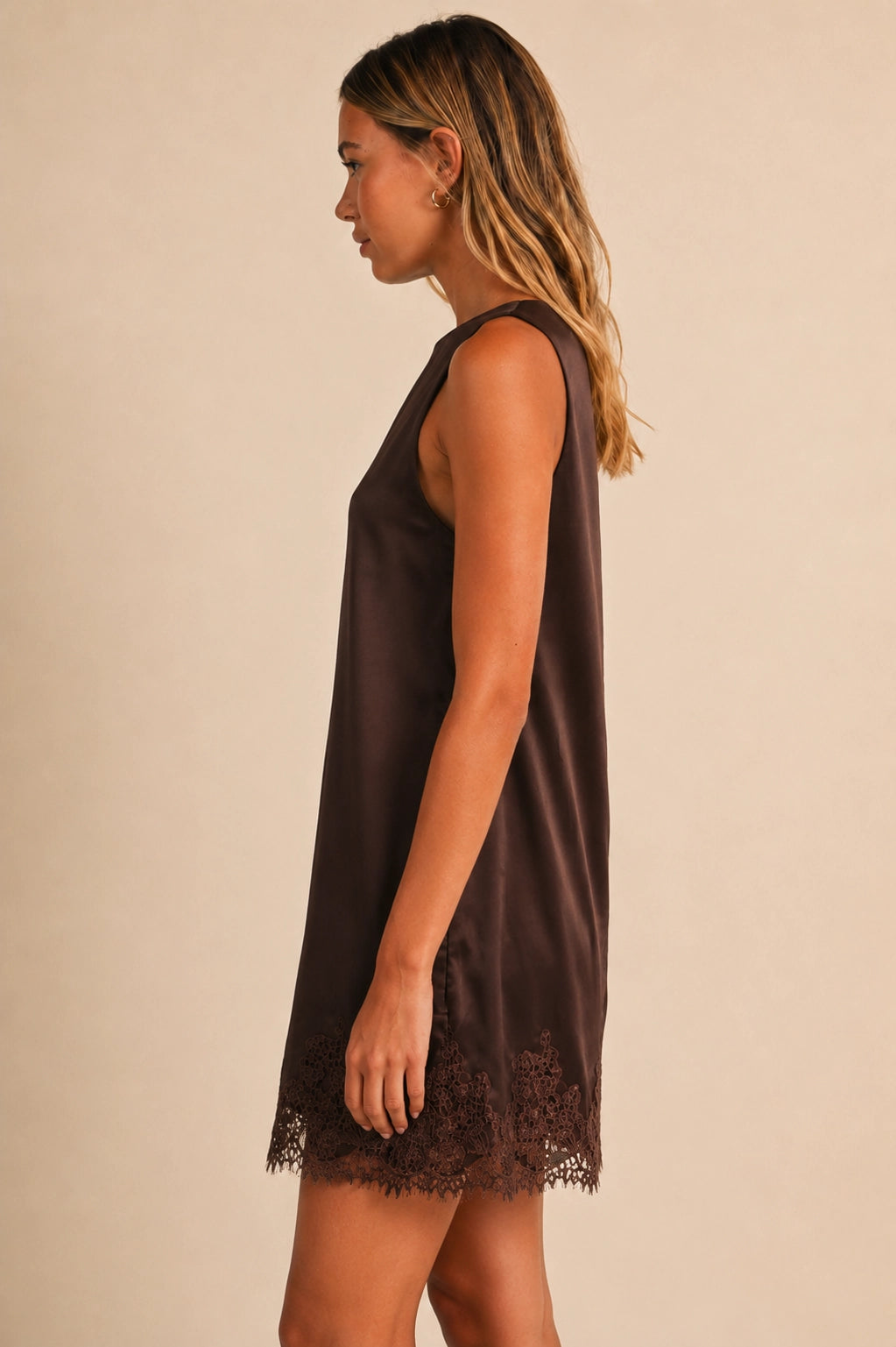 Sleeveless Satin Lace Dress in Dark Brown - PREORDER