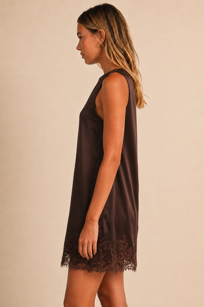 Sleeveless Satin Lace Dress in Dark Brown - PREORDER