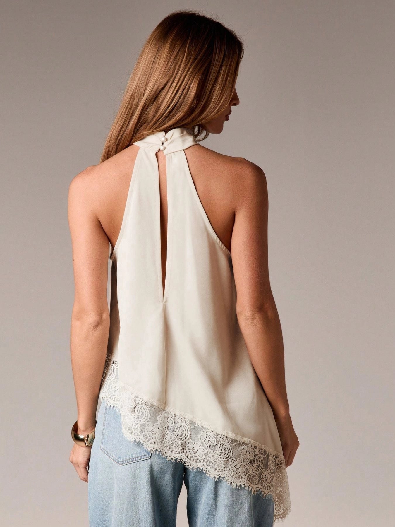 Asymmetric Lace Halter Top in Ivory