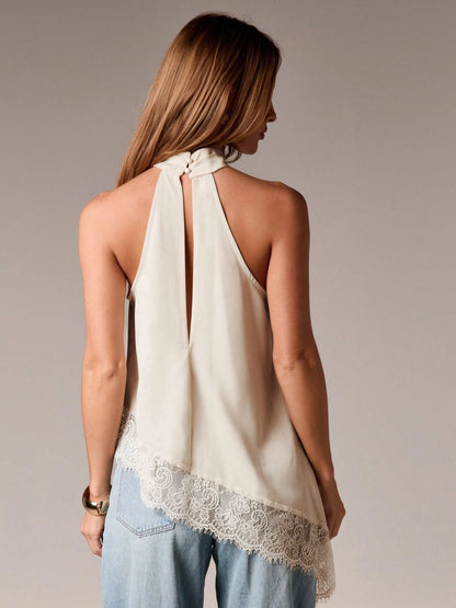 Asymmetric Lace Halter Top in Ivory