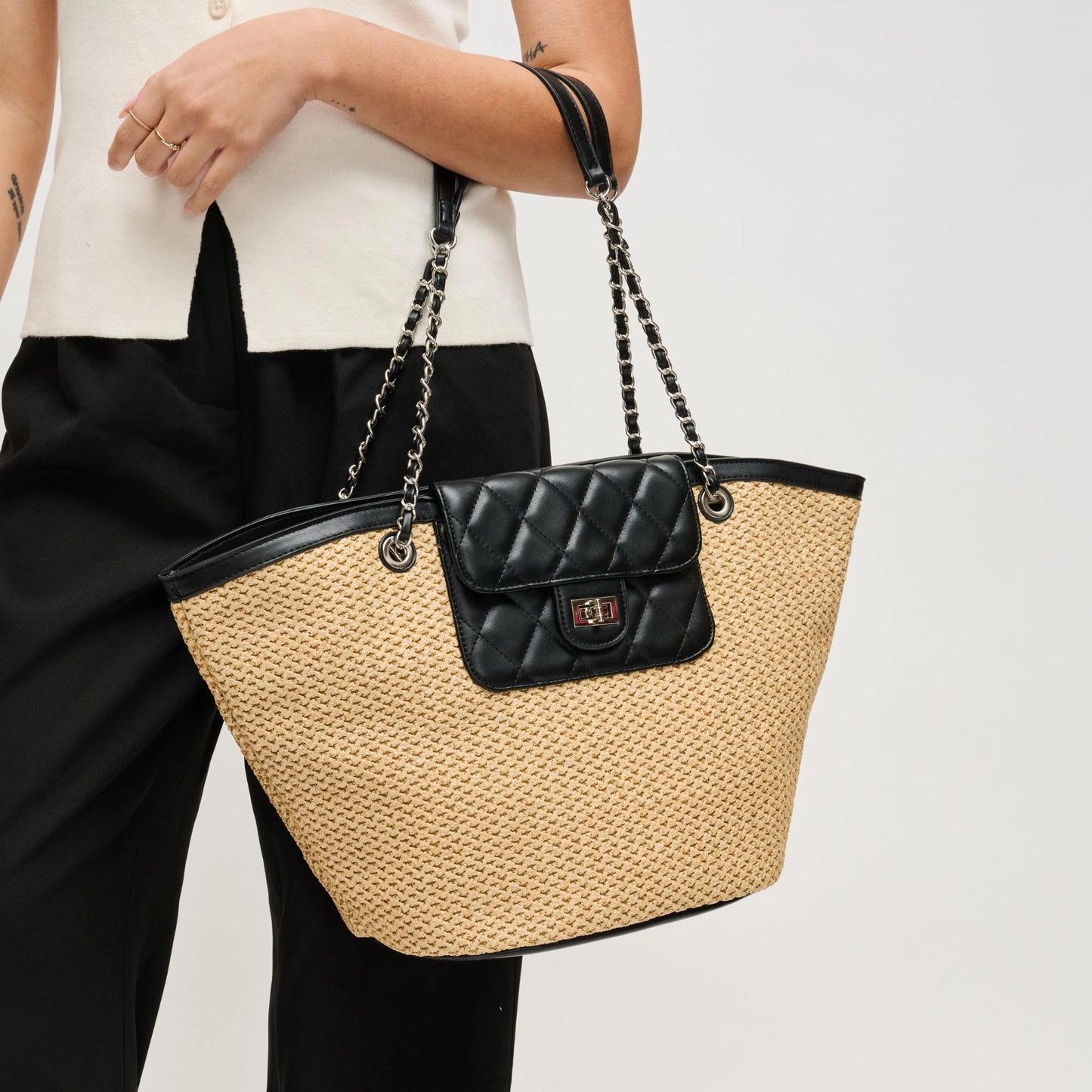"Portofino" Straw Tote in Black