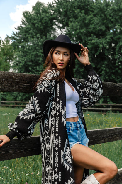 "Frontier" Aztec Print Cardigan in Black