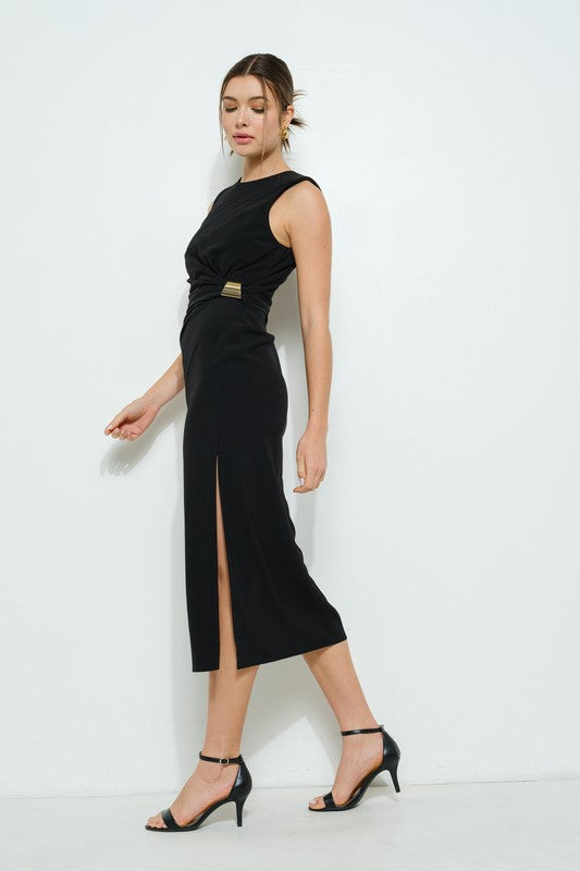 FINAL SALE!! Sleeveless Draped Gold Accent Midi Dress