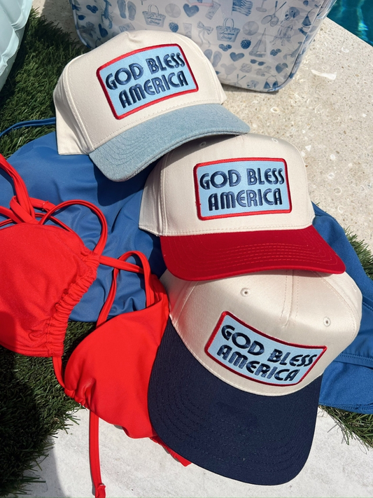 God Bless America Blue Denim Embroidered Trucker Hat