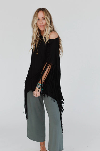 Oversized Fringe Top in Black