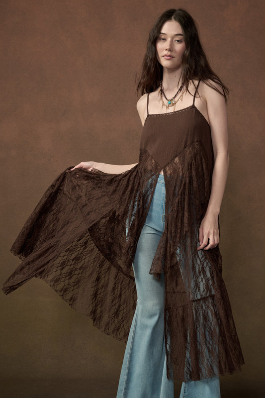 Ruffle Lace High-Low Top in Brown - PREORDER
