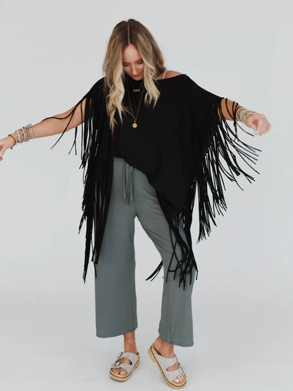 Oversized Fringe Top in Black