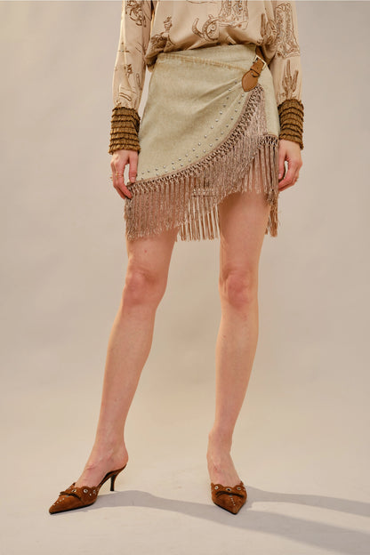 NEW!! Denim Fringe Wrap Skirt in Tan
