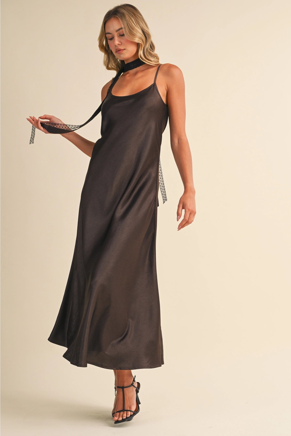 "Out West" Satin Midi Dress w/ Lace Scarf