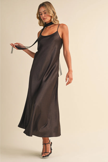 "Out West" Satin Midi Dress w/ Lace Scarf