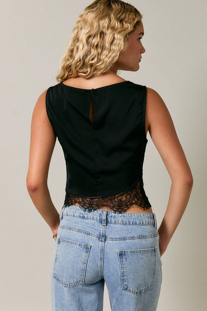 Satin Lace Trim Top in Black