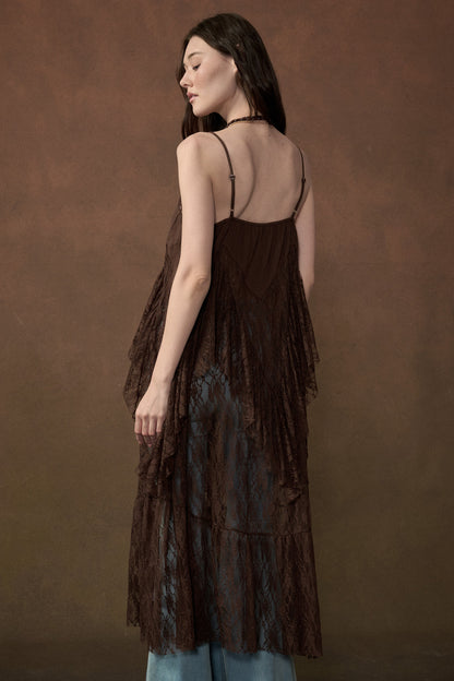 Ruffle Lace High-Low Top in Brown - PREORDER