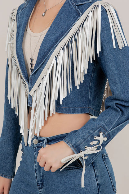 "Aspen" Cropped Fringe Denim Jacket in Medium Wash