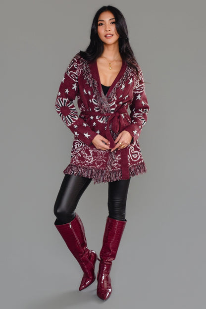 Sonora Fringe Wrap Cardigan in Burgundy