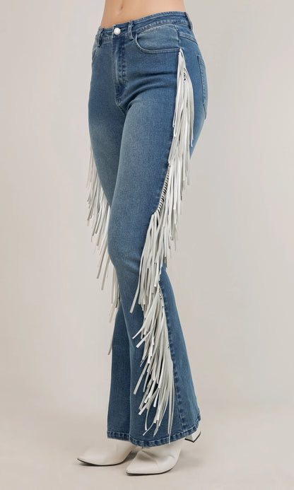 High Rise Fringe Jeans in Dark Wash