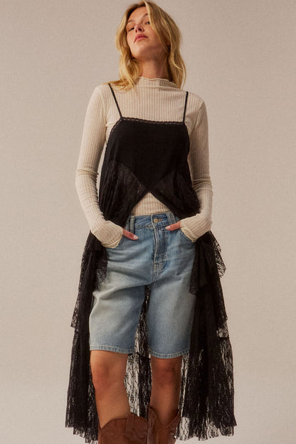 Ruffle Lace High-Low Top in Black
