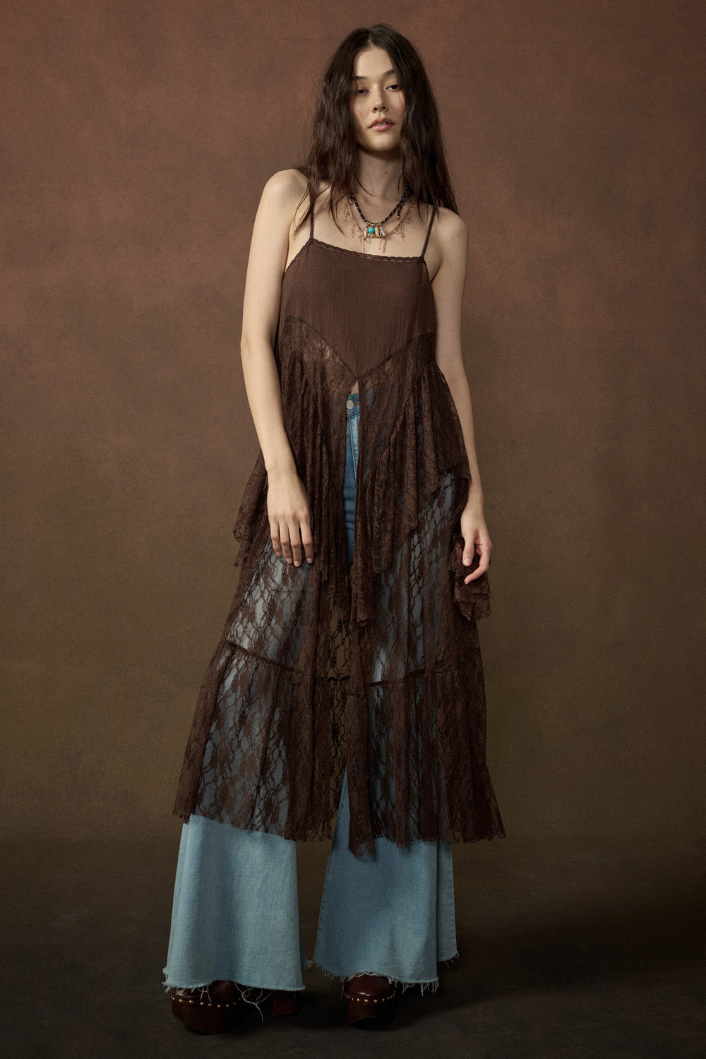 Ruffle Lace High-Low Top in Brown - PREORDER