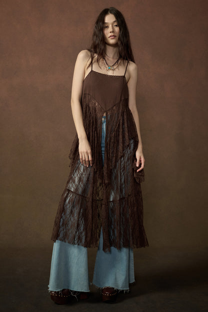 Ruffle Lace High-Low Top in Brown - PREORDER