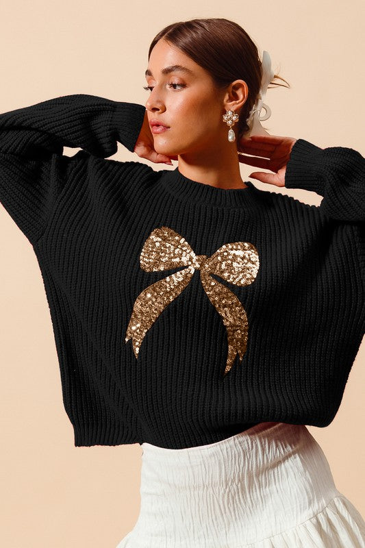 FINAL SALE!! Sequin Bow Ribbed Sweater in Black