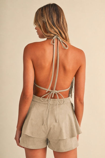 Dallas Suede Fringe Romper in Sand