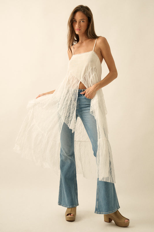 Ruffle Lace High-Low Top in Cream - PREORDER
