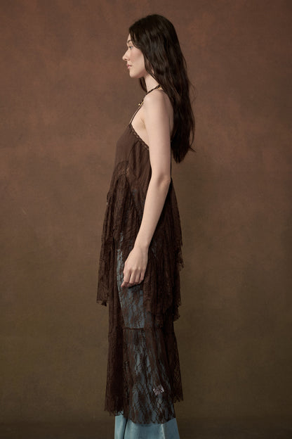 Ruffle Lace High-Low Top in Brown - PREORDER