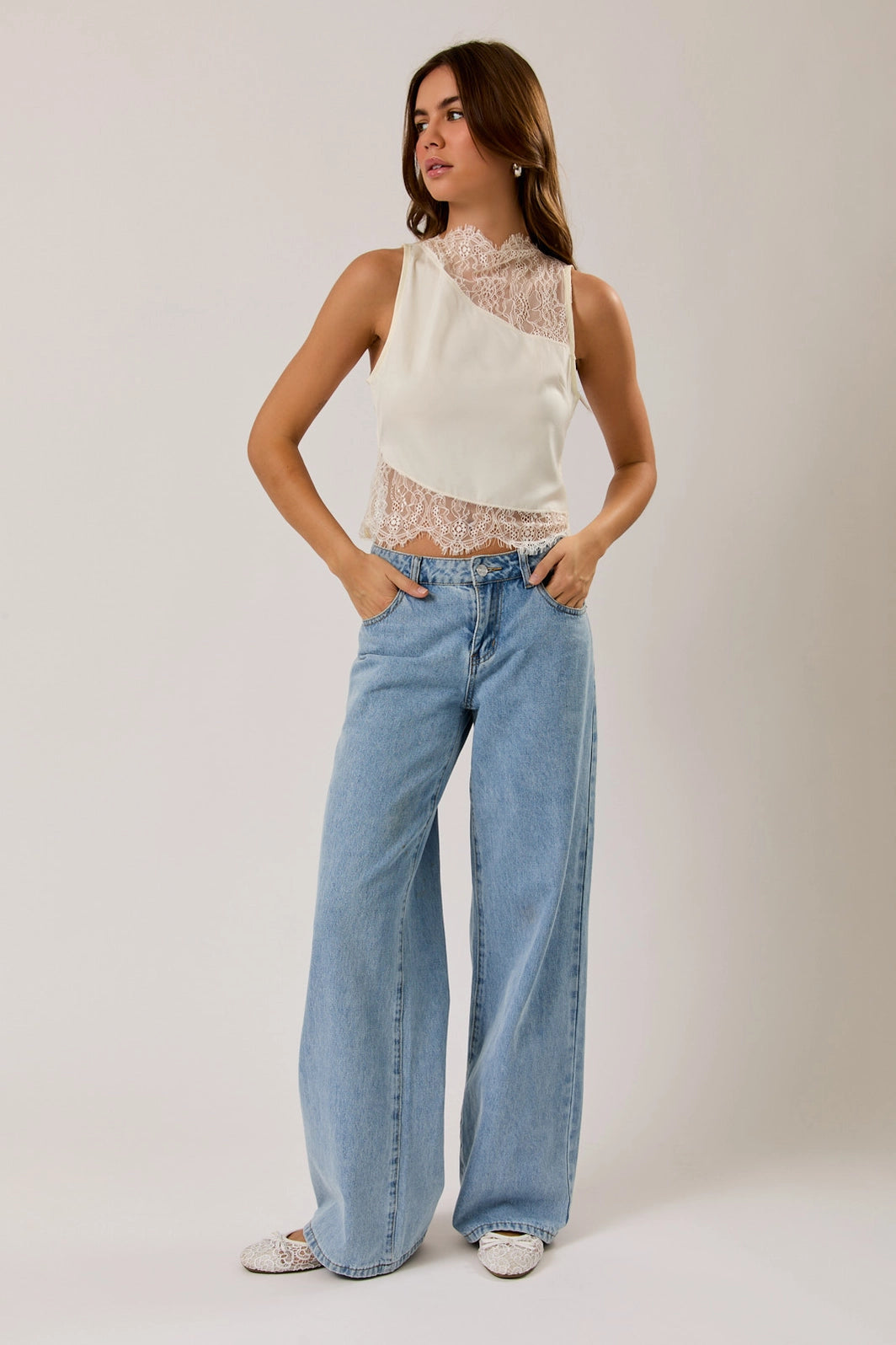 Satin Lace Trim Top in Ivory