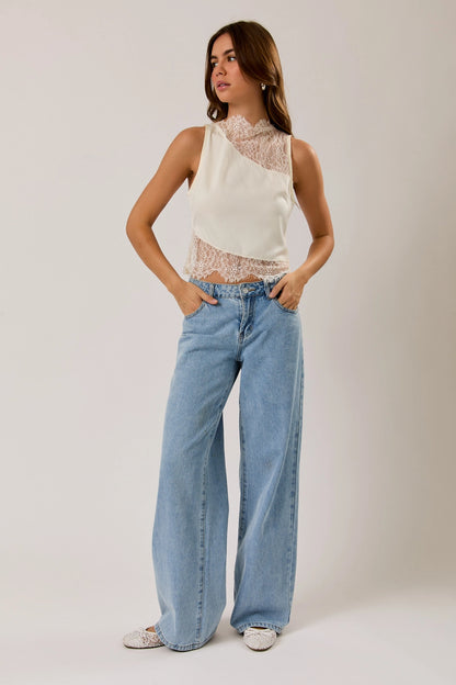 Satin Lace Trim Top in Ivory
