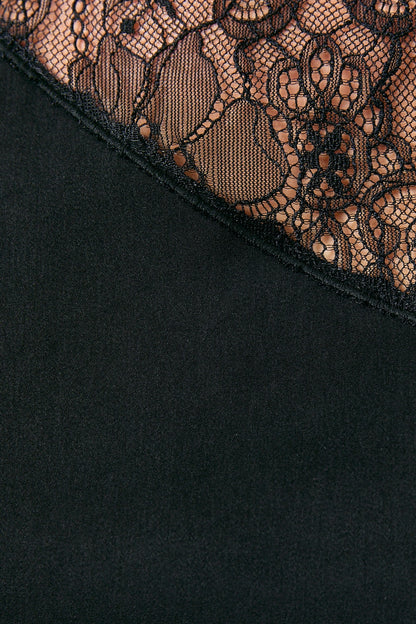 Satin Lace Trim Top in Black